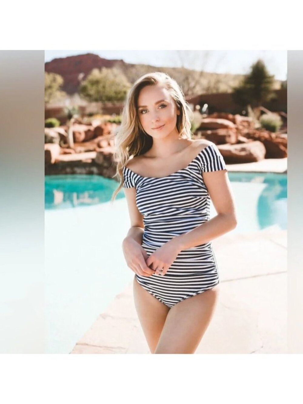Albion The Brigitte White Navy Striped One Piece Swimsuit Women Size L